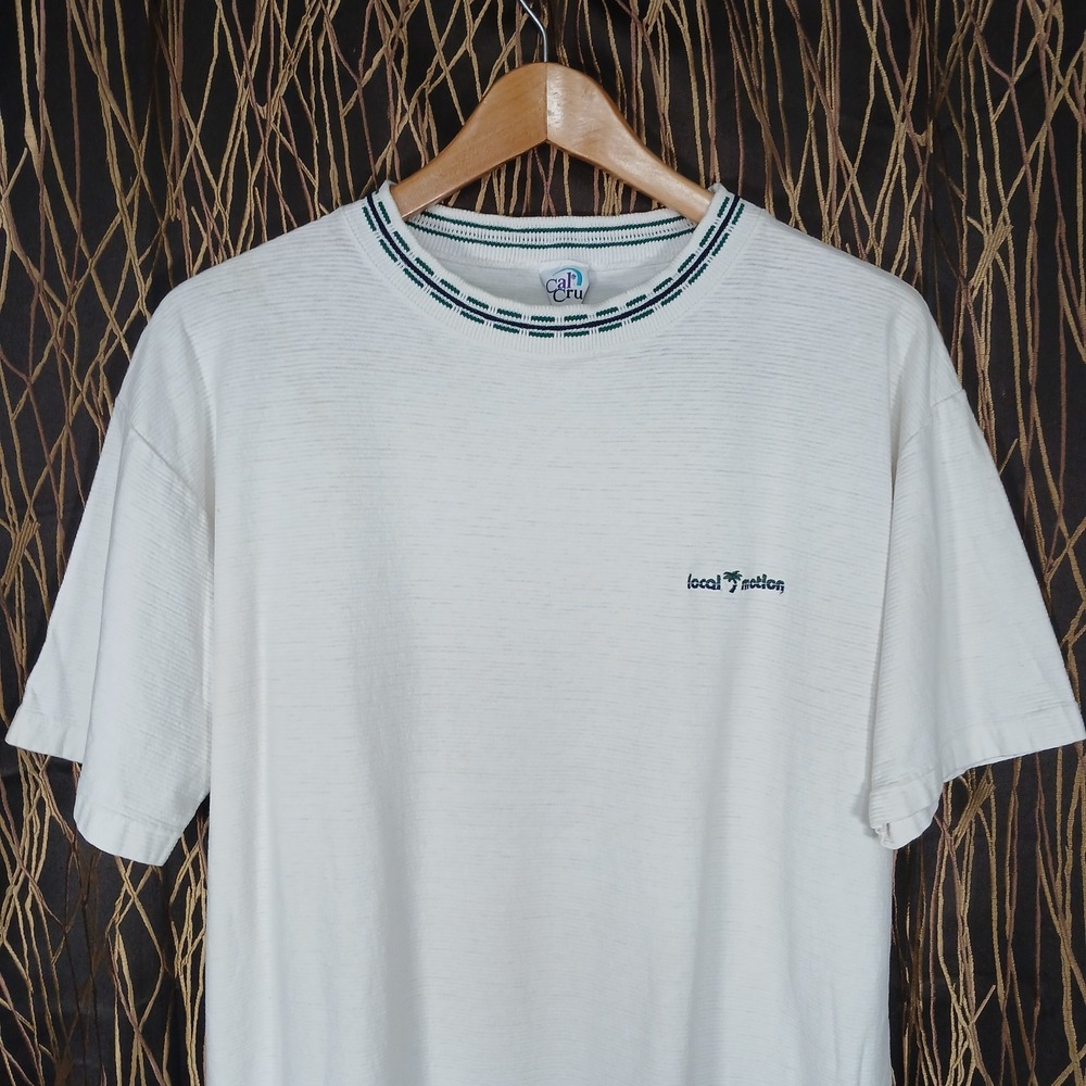 Vintage Local Motion T-Shirt Men XL White Textured Embroidered Palm Tree Cal Cru